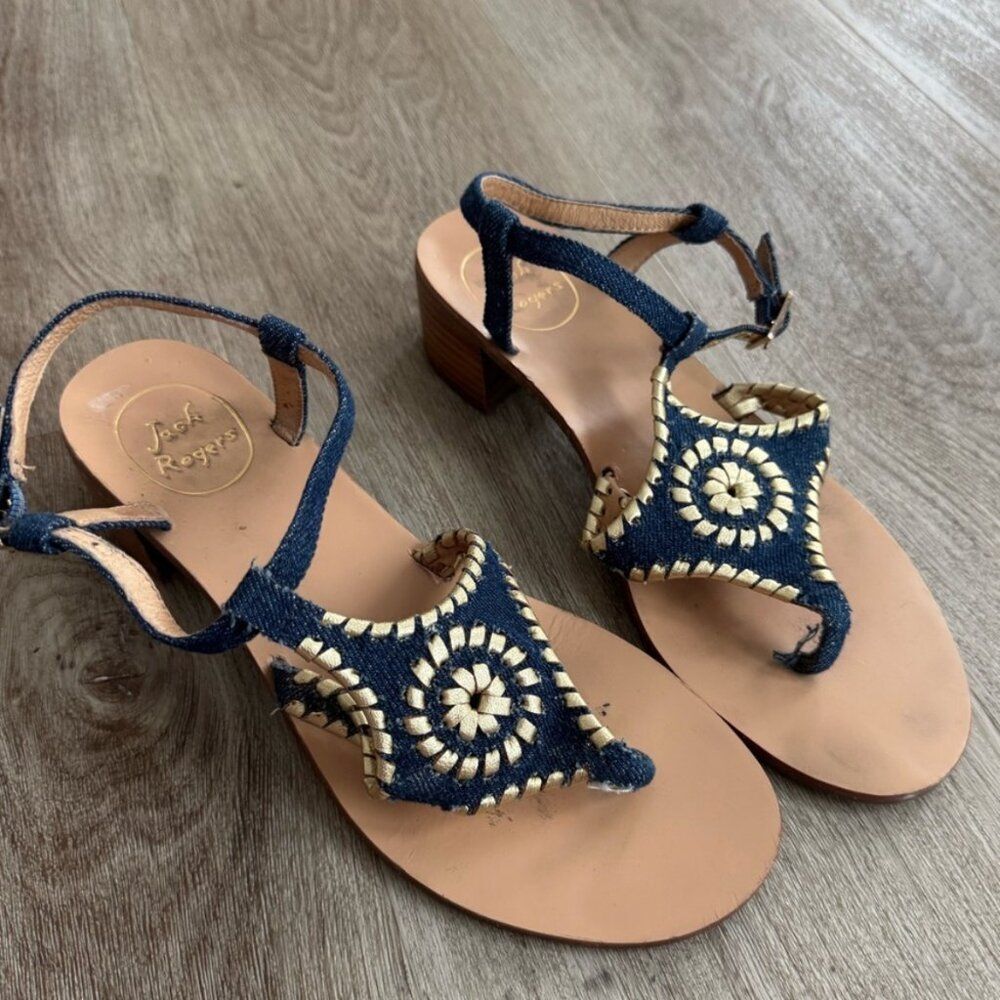 Jack Rogers Elise Denim‎ Gold Wrap Sandals 8M Dark Wash Flats Flip Flops Heeled